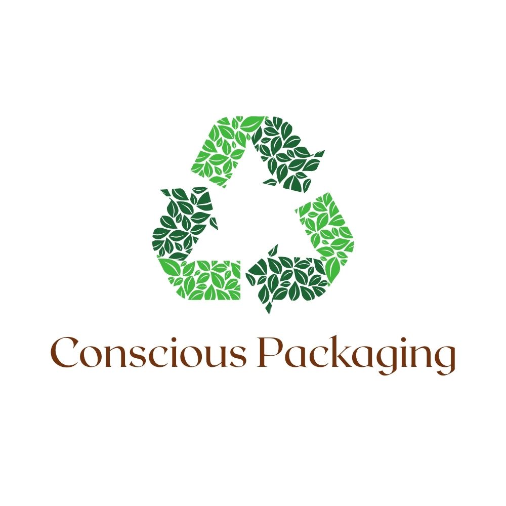 Logo for 'Conscious Packaging' with a recycling symbol made of green leaves on a white background.
