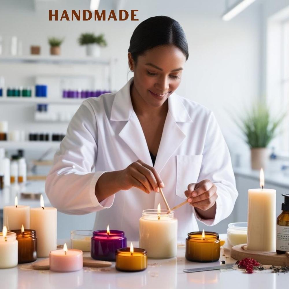 Person in a white coat lighting candles with 'HANDMADE' text above