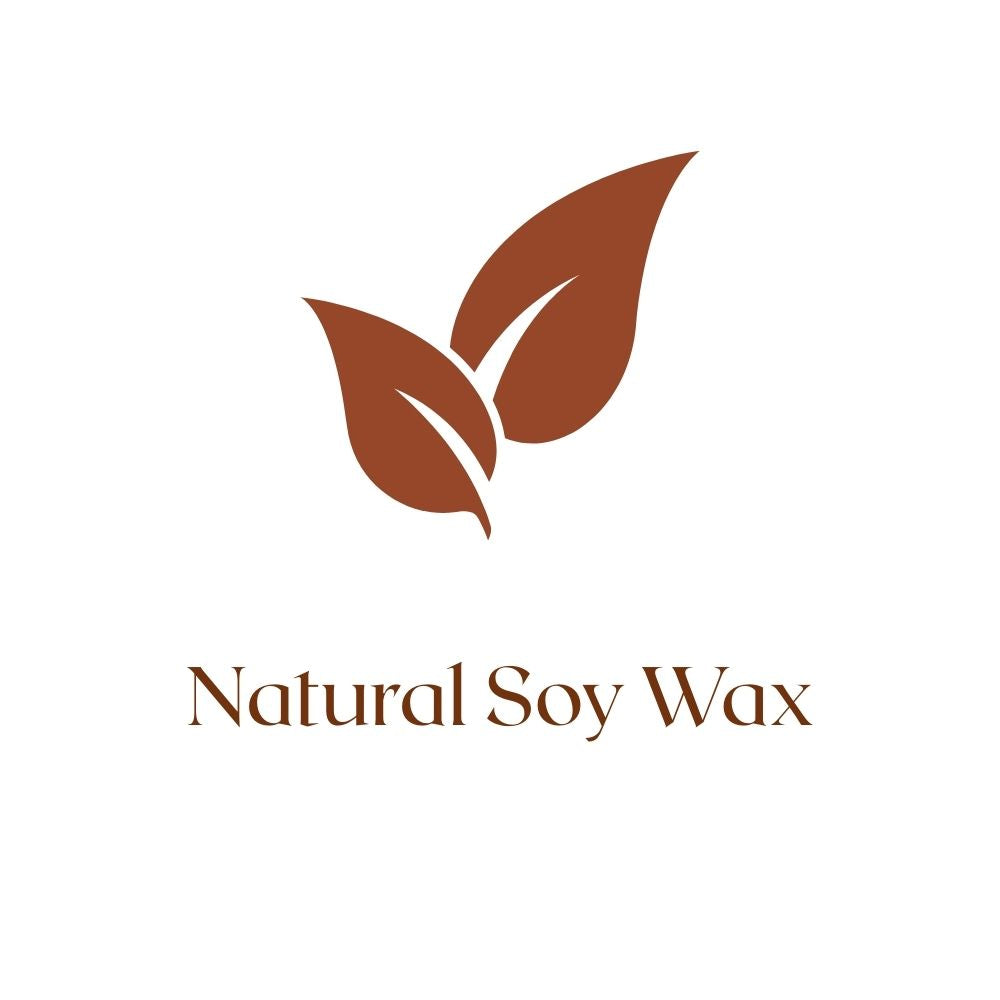 Logo for natural soy wax with leaf design on a white background