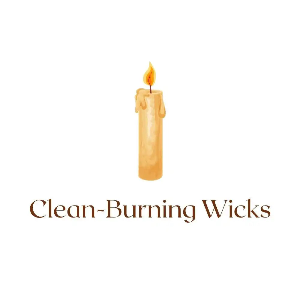 Candle with a lit wick on a white background with 'Clean-Burning Wicks' text.