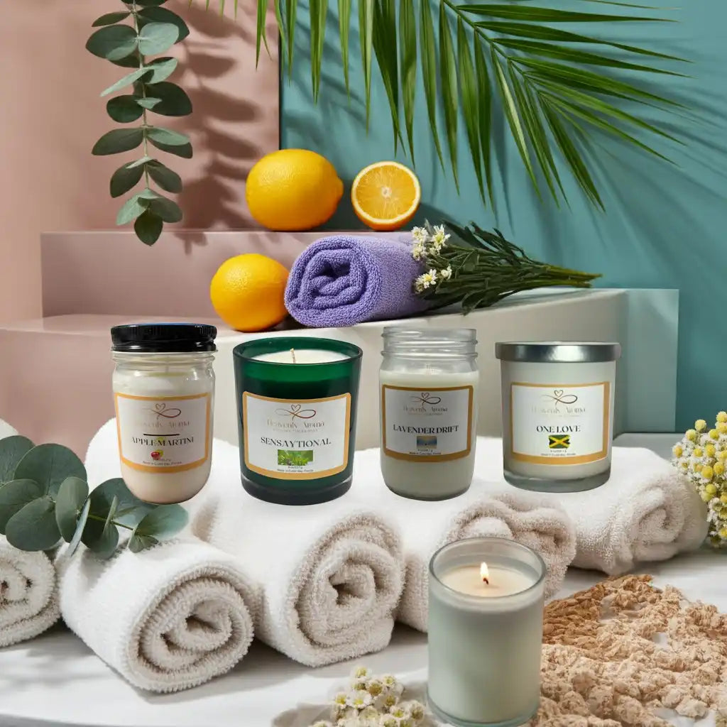 A collection of scented candles and bath products.