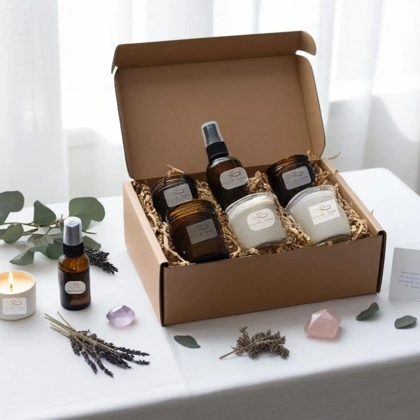 A gift box containing various amber and white jars and bottles filled with aromatherapy products.