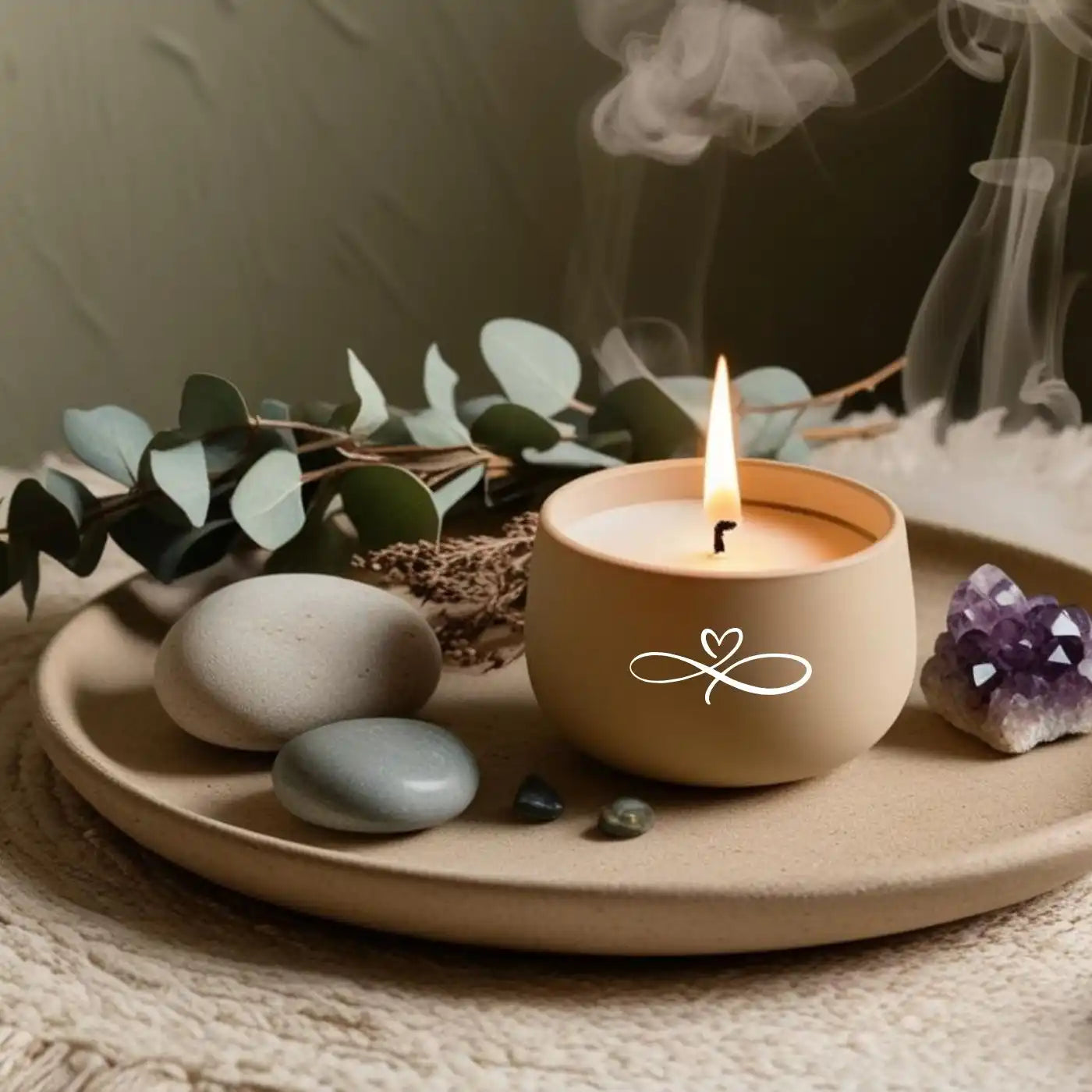 A lit candle in a round, light-colored ceramic holder.