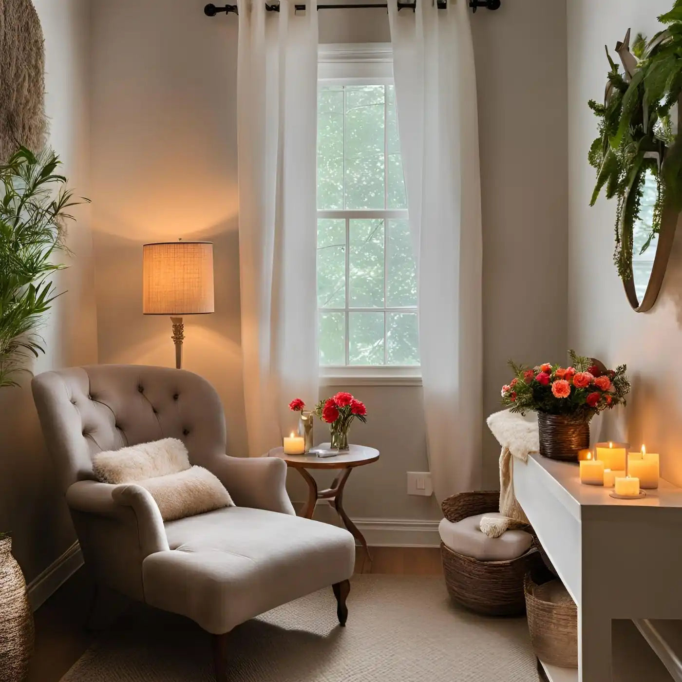 A tufted chaise lounge upholstered in light beige fabric, with a matching lumbar pillow.