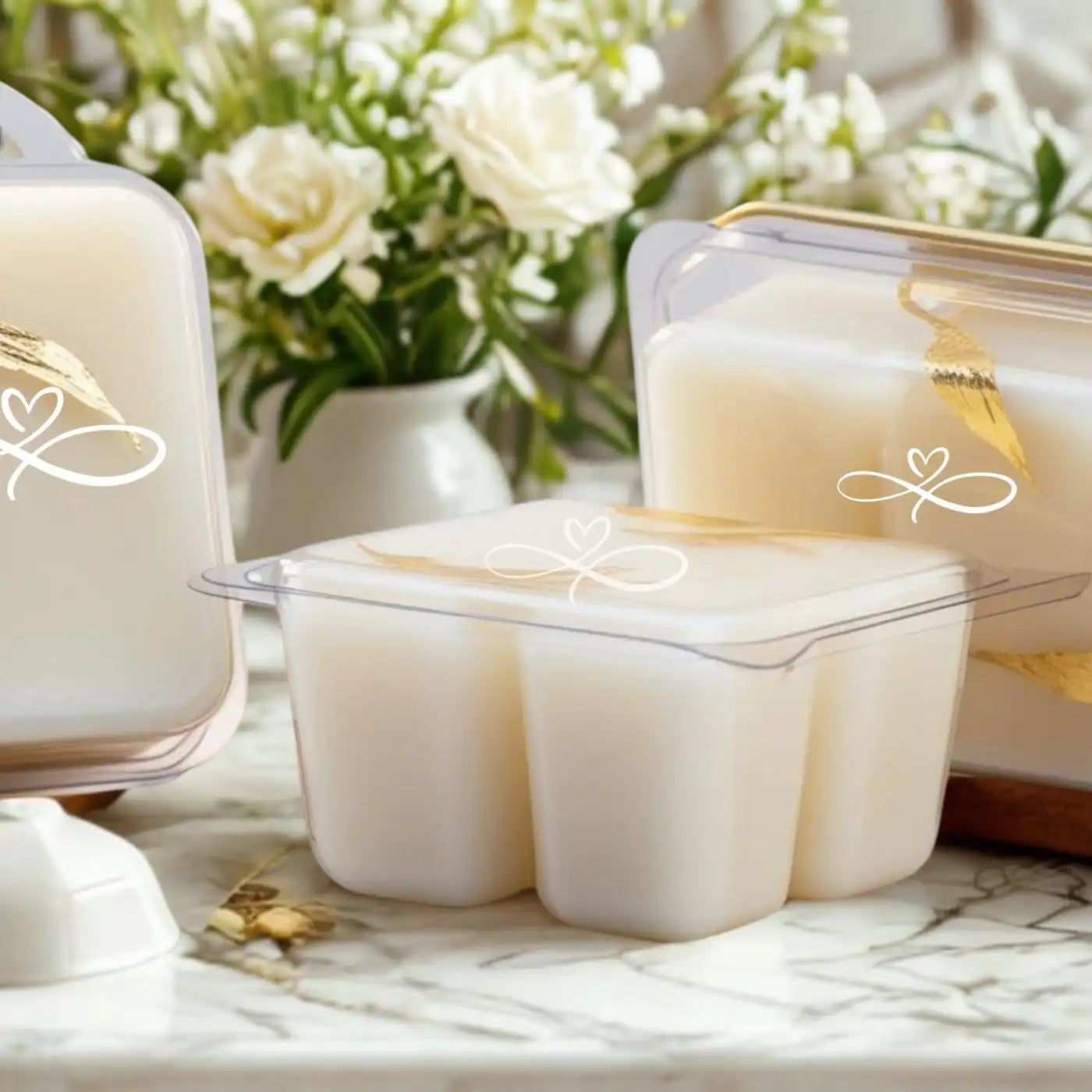 White wax melts in clear plastic packaging.