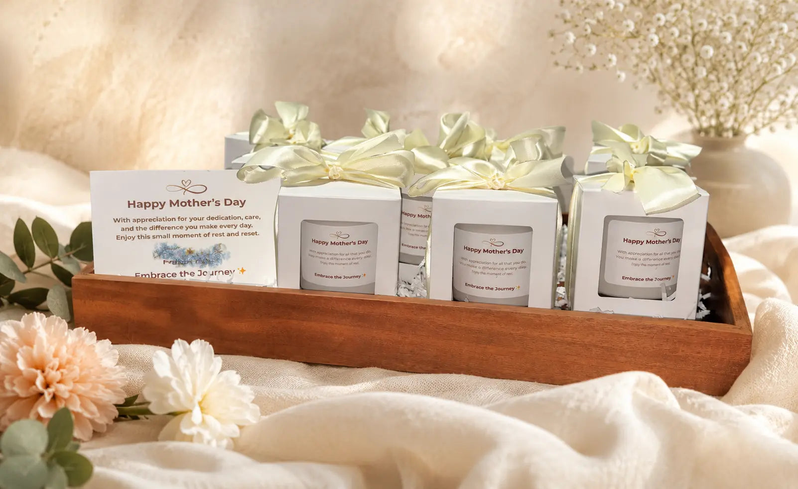 Warm Mother’s Day wellness gift tray featuring handcrafted Heavenly Aroma soy candles in ivory gift boxes with satin bows, designed for healthcare professionals and staff appreciation gifting.
