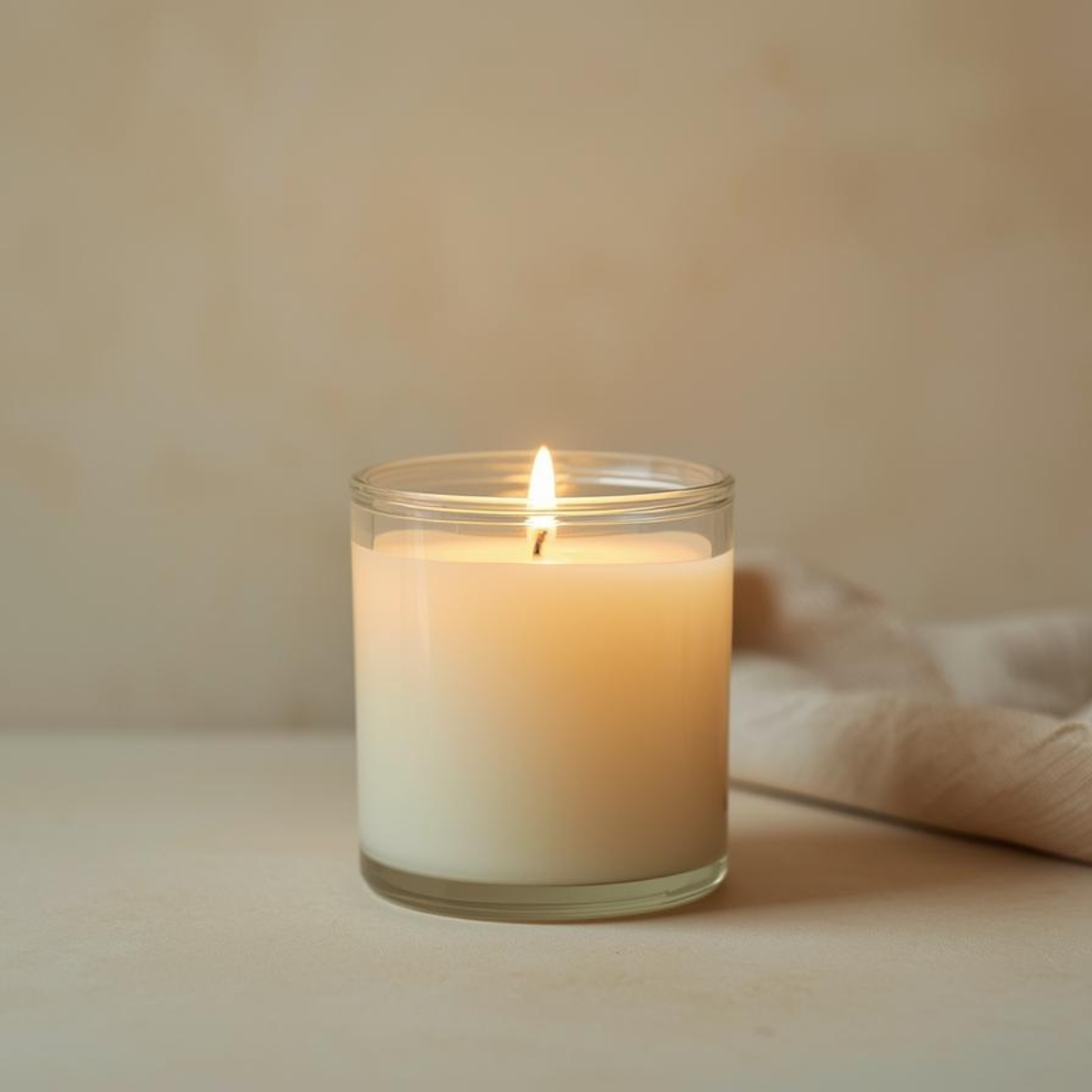 A softly lit soy candle in a clear glass jar, creating a quiet, calming moment of reflection.