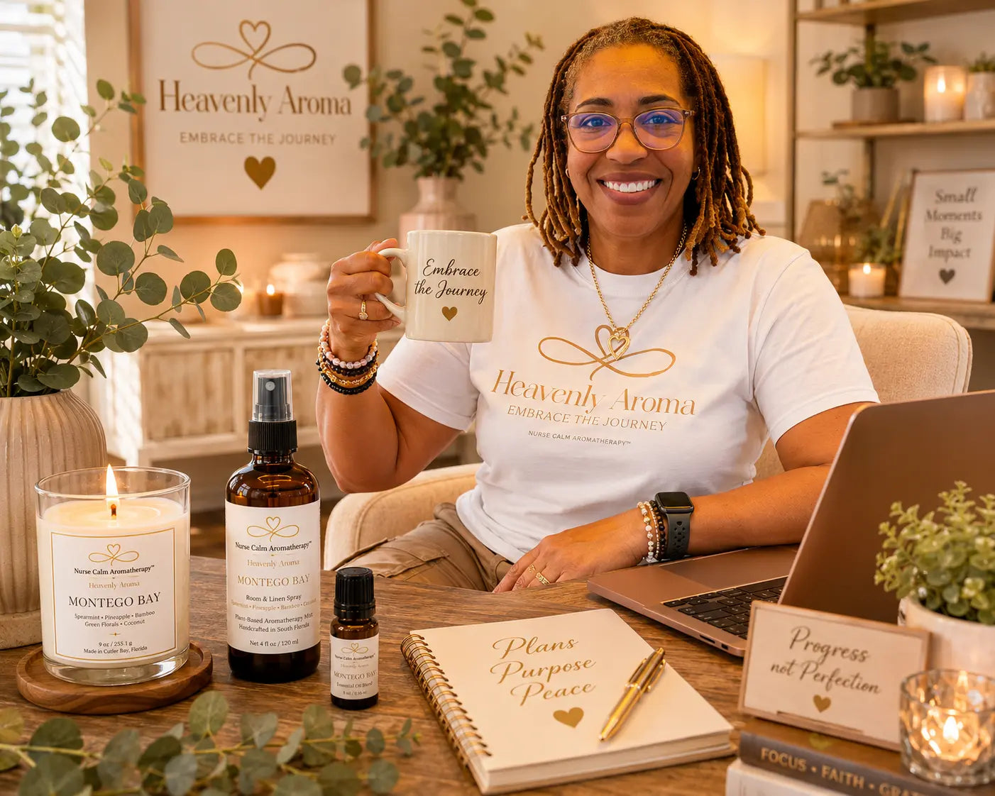 Registered Nurse and founder of Nurse Calm Aromatherapy enjoying a self-care moment with Montego Bay candle, room spray, and essential oil in a calming workspace.
