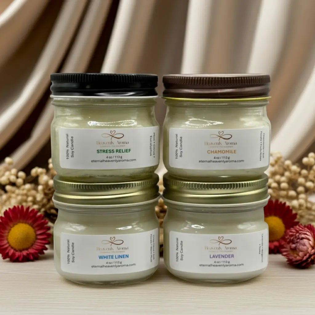 Four best soy candles for stress relief in labeled glass jars with metal lids