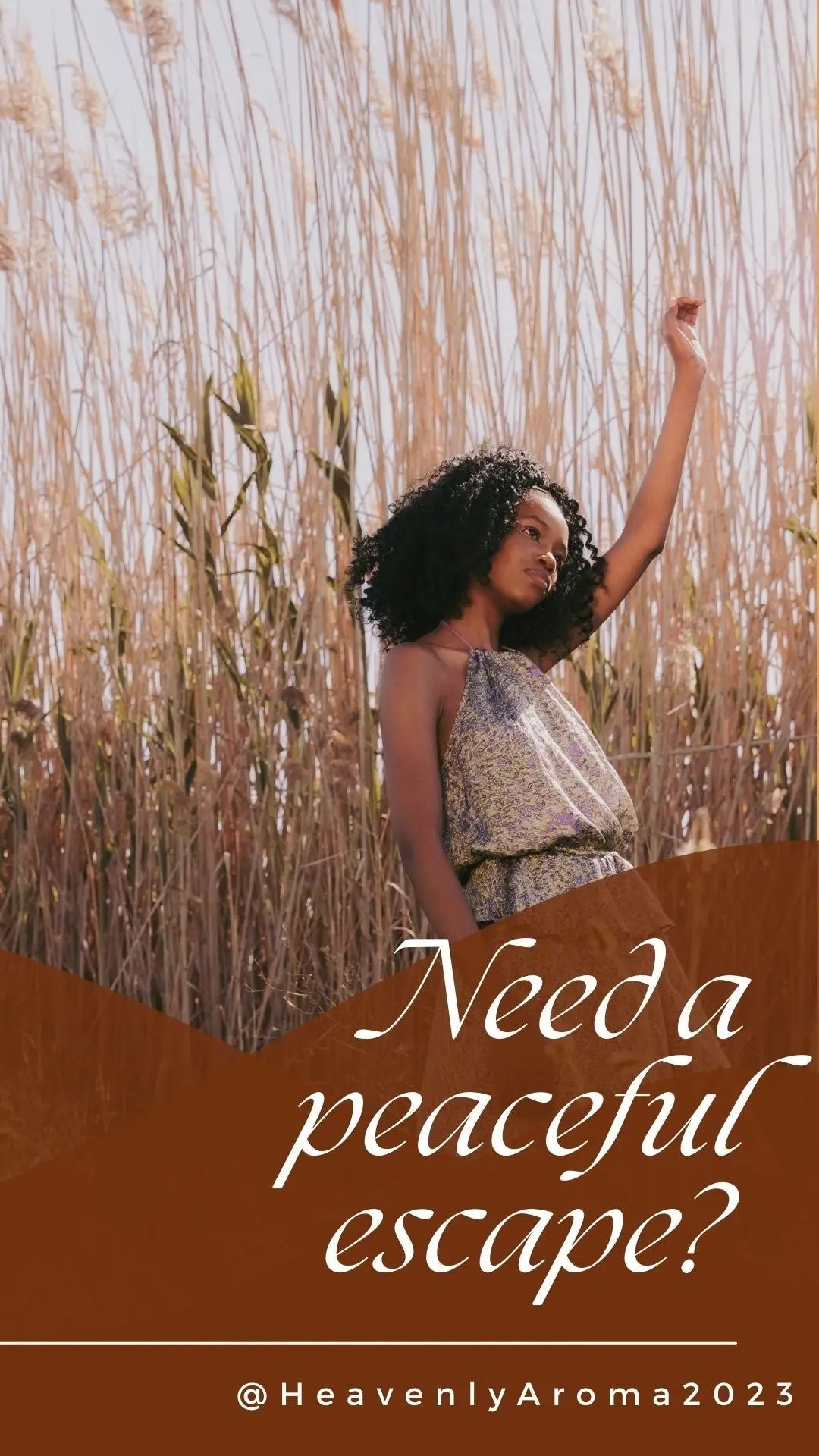 Person with curly hair joyfully dancing among reeds, embodying relaxation techniques with natural soy wax.