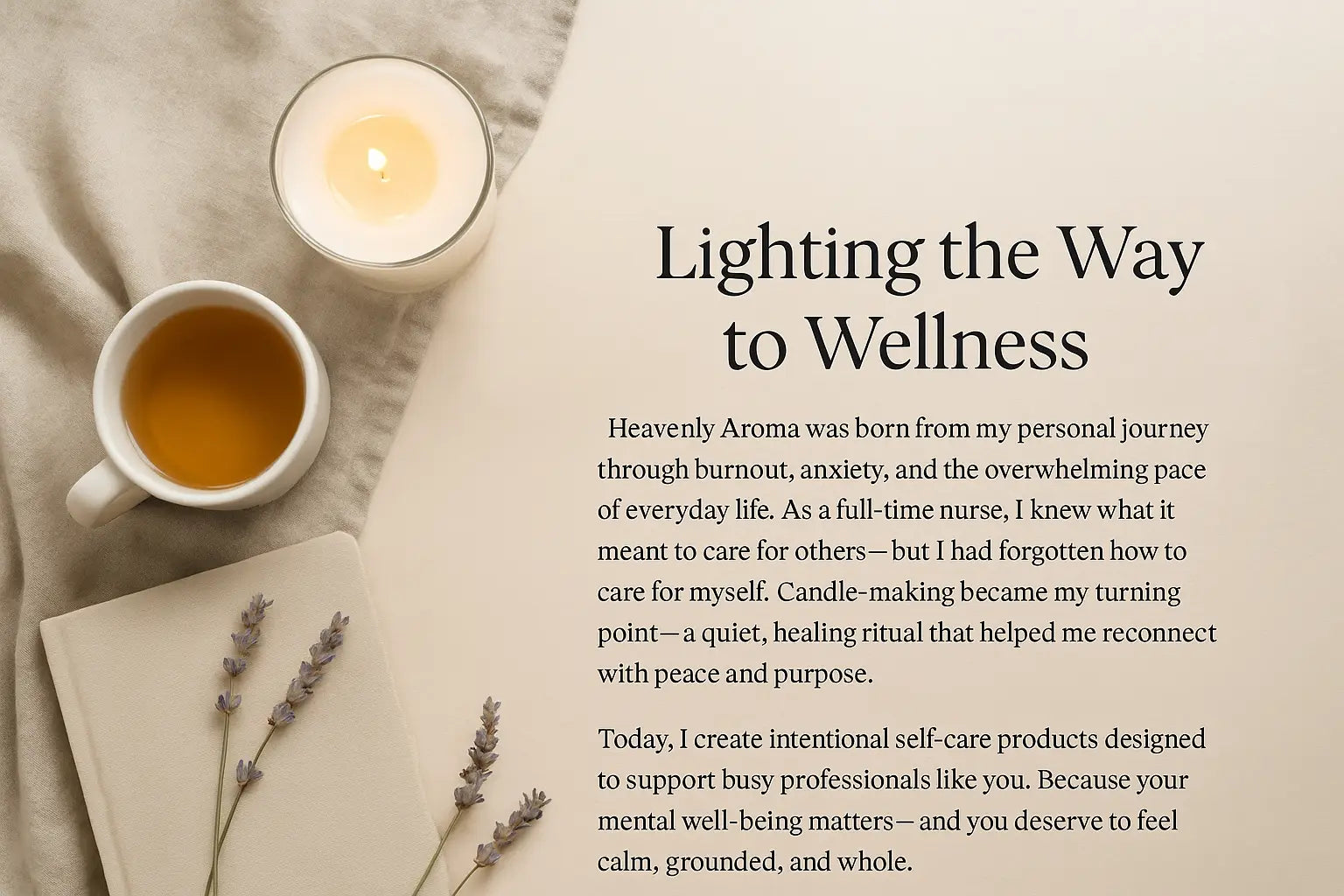 Lit candle, tea, and lavender with book promoting mental well-being in Made to Heal Meant to Help