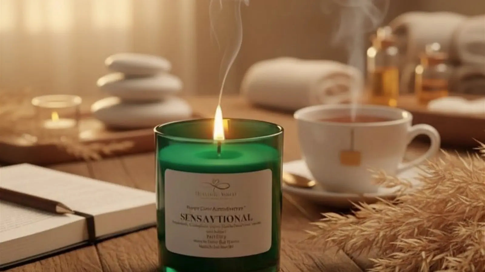 Luxury wellness scene featuring a softly glowing Sensaytional soy candle beside herbal tea, spa stones, and neutral decor in warm calming lighting designed to promote relaxation and mindfulness.