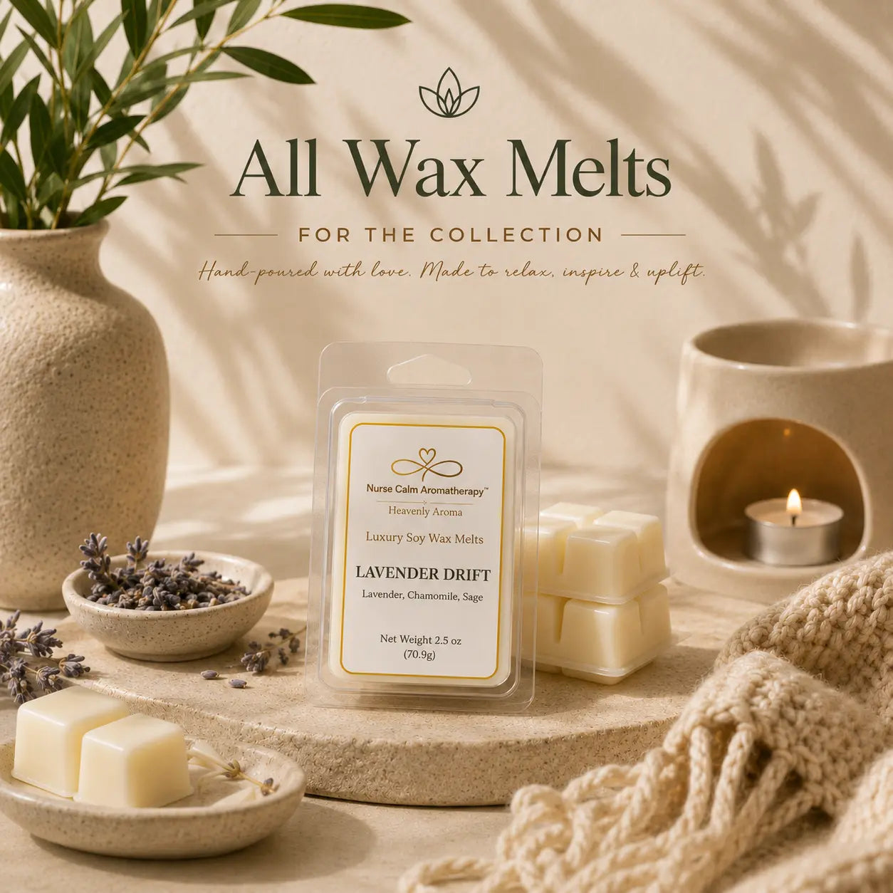 Neutral lifestyle photo featuring the Nurse Calm Aromatherapy™ wax melt collection with luxury soy wax melts, soft candlelight, ceramic décor, and calming spa-inspired accents.