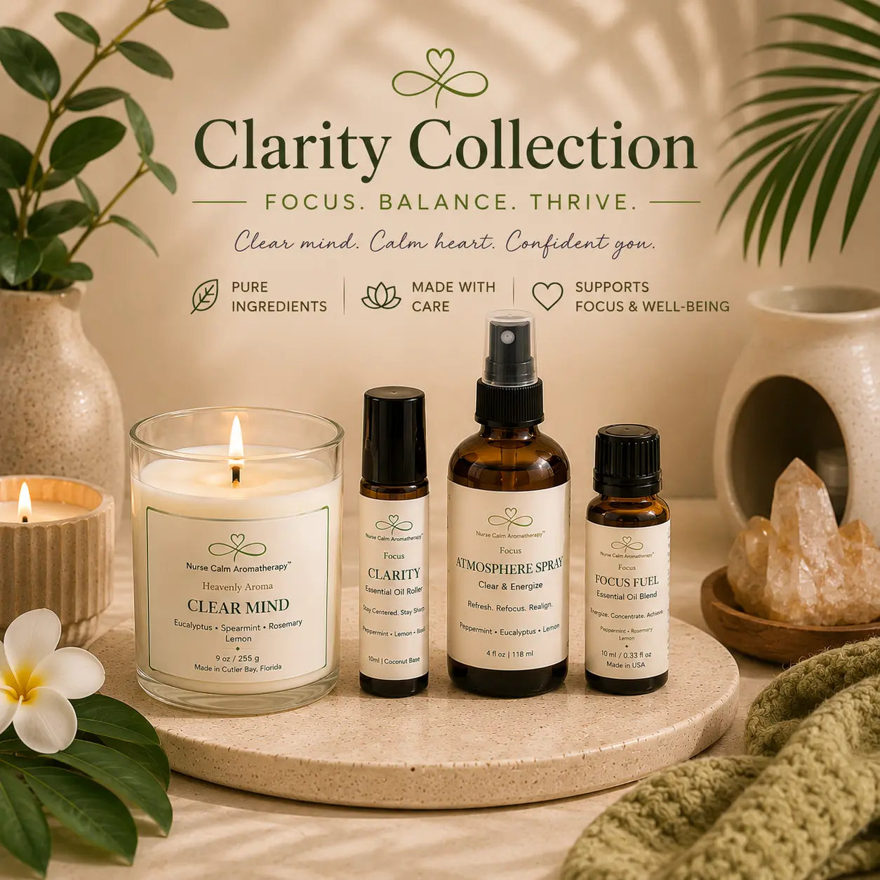 Clarity Collection featuring Clear Mind, Clarity roller, Atmosphere Spray, and Focus Fuel in a warm spa-inspired setting.