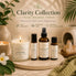 Clarity Collection featuring Clear Mind, Clarity roller, Atmosphere Spray, and Focus Fuel in a warm spa-inspired setting.
