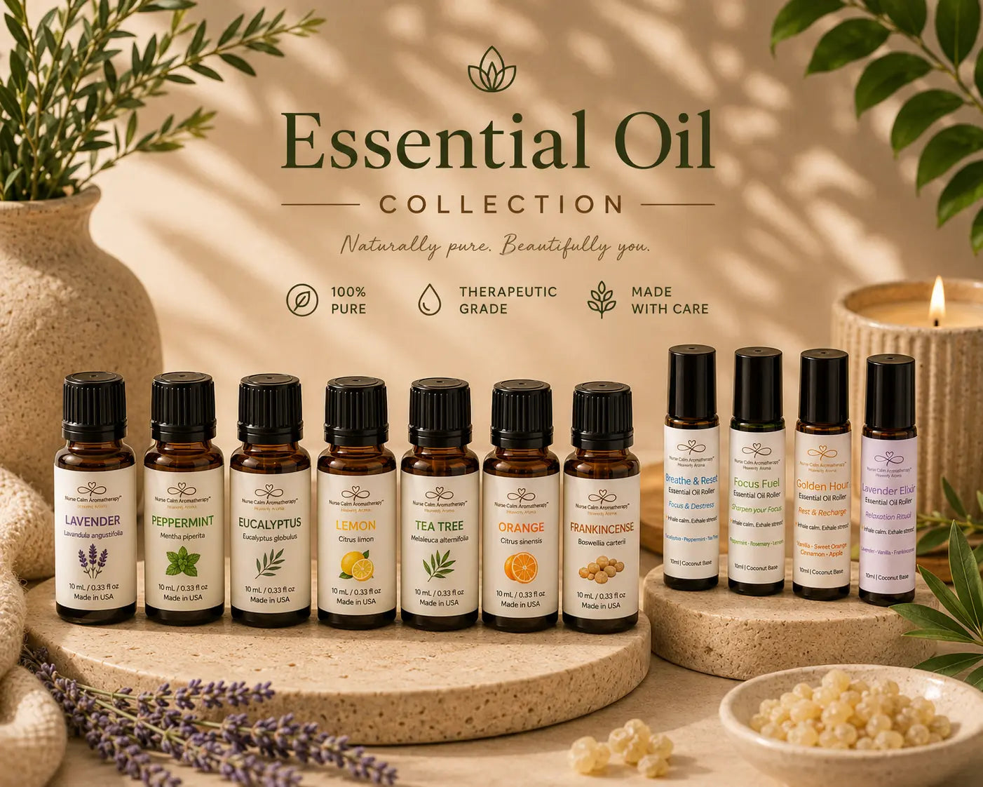 Essential Oil Collection lifestyle photo featuring Nurse Calm Aromatherapy™ essential oils and wellness rollers displayed in a warm spa-inspired setting with botanical accents, soft candlelight, and neutral luxury décor.