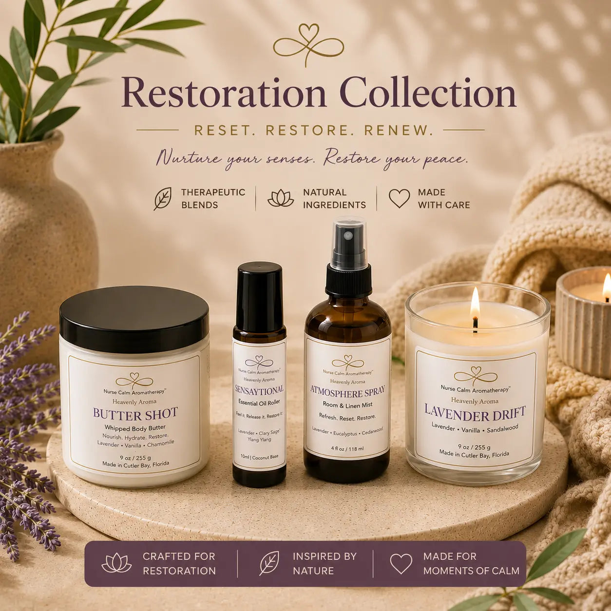 Restoration Collection featuring Butter Shot, Sensaytional, Atmosphere Spray, and Lavender Drift in a warm spa-inspired setting.