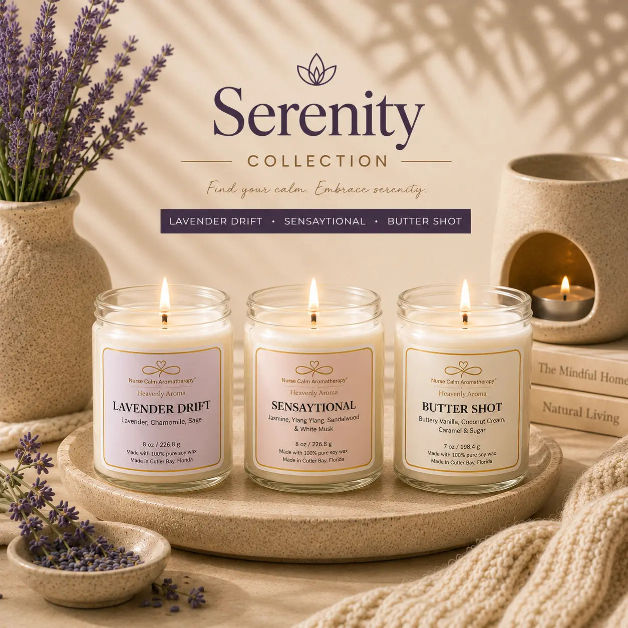 Serenity Collection lifestyle photo featuring Lavender Drift, Sensaytional, and Butter Shot 9 oz luxury soy candles displayed in a calming spa-inspired setting with lavender accents, soft candlelight, and warm neutral décor.