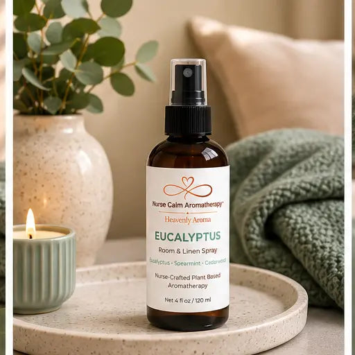 Eucalyptus Room & Linen Spray displayed in a relaxing spa-inspired environment.
