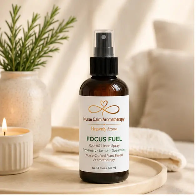 Focus Fuel Room & Linen Spray displayed in a calming workspace and spa-inspired setting.