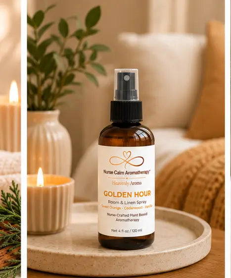 Golden Hour Room & Linen Spray displayed in a warm spa-inspired home.