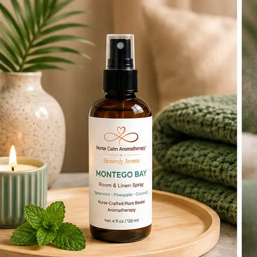 Montego Bay Room & Linen Spray displayed in a tropical spa-inspired environment.