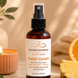 Sunset Escape Room & Linen Spray displayed in a relaxing tropical spa-inspired environment.