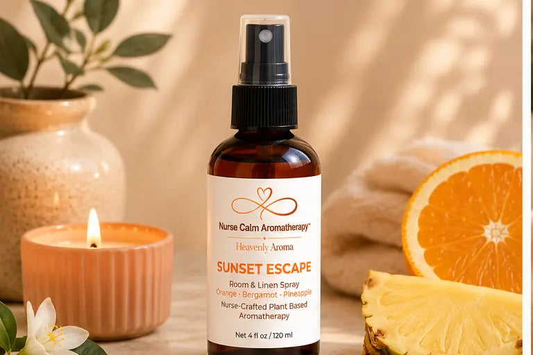 Sunset Escape Room & Linen Spray displayed in a relaxing tropical spa-inspired environment.