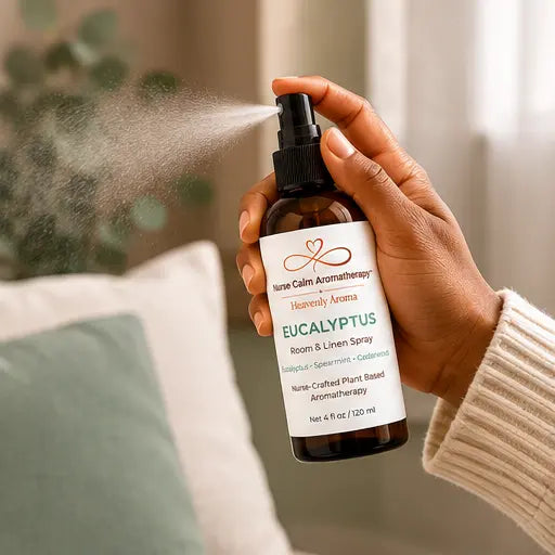 Hand using Eucalyptus Room & Linen Spray to refresh a room with a botanical mist.