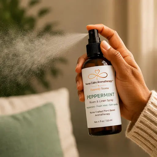 Hand using Peppermint Room & Linen Spray to refresh a room with a botanical mist.
