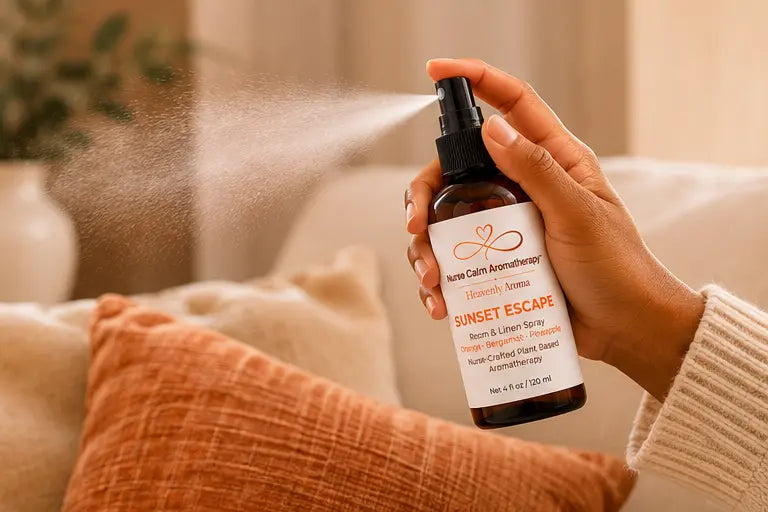 Hand using Sunset Escape Room & Linen Spray to refresh a room with a botanical mist.