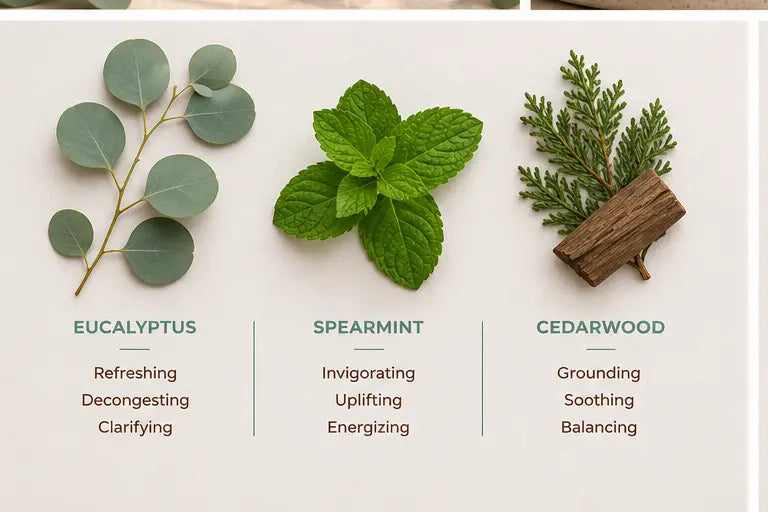 Natural botanical ingredients including eucalyptus, spearmint, and cedarwood.