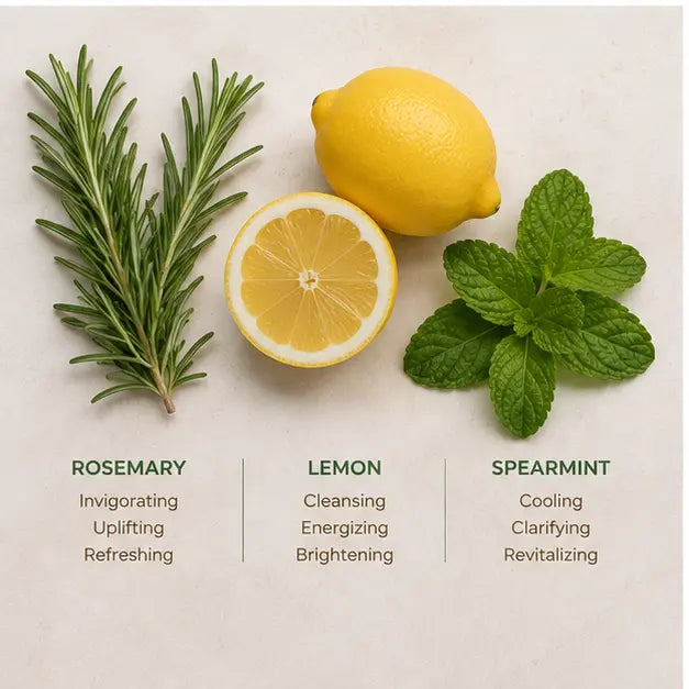 Natural botanical ingredients including rosemary, lemon, and spearmint.