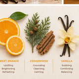 Natural botanical ingredients including sweet orange, cedarwood, and vanilla.