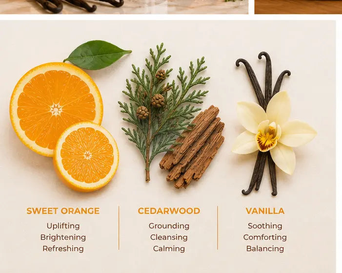 Natural botanical ingredients including sweet orange, cedarwood, and vanilla.