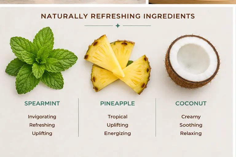 Natural botanical ingredients including spearmint, pineapple, and coconut.