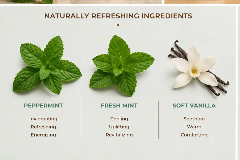 Natural botanical ingredients including peppermint, fresh mint, and soft vanilla.