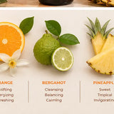 Natural botanical ingredients including orange, bergamot, and pineapple.