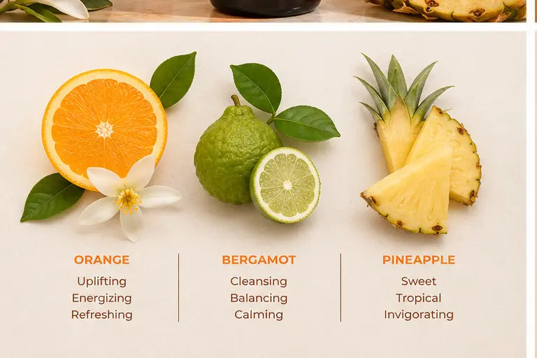 Natural botanical ingredients including orange, bergamot, and pineapple.