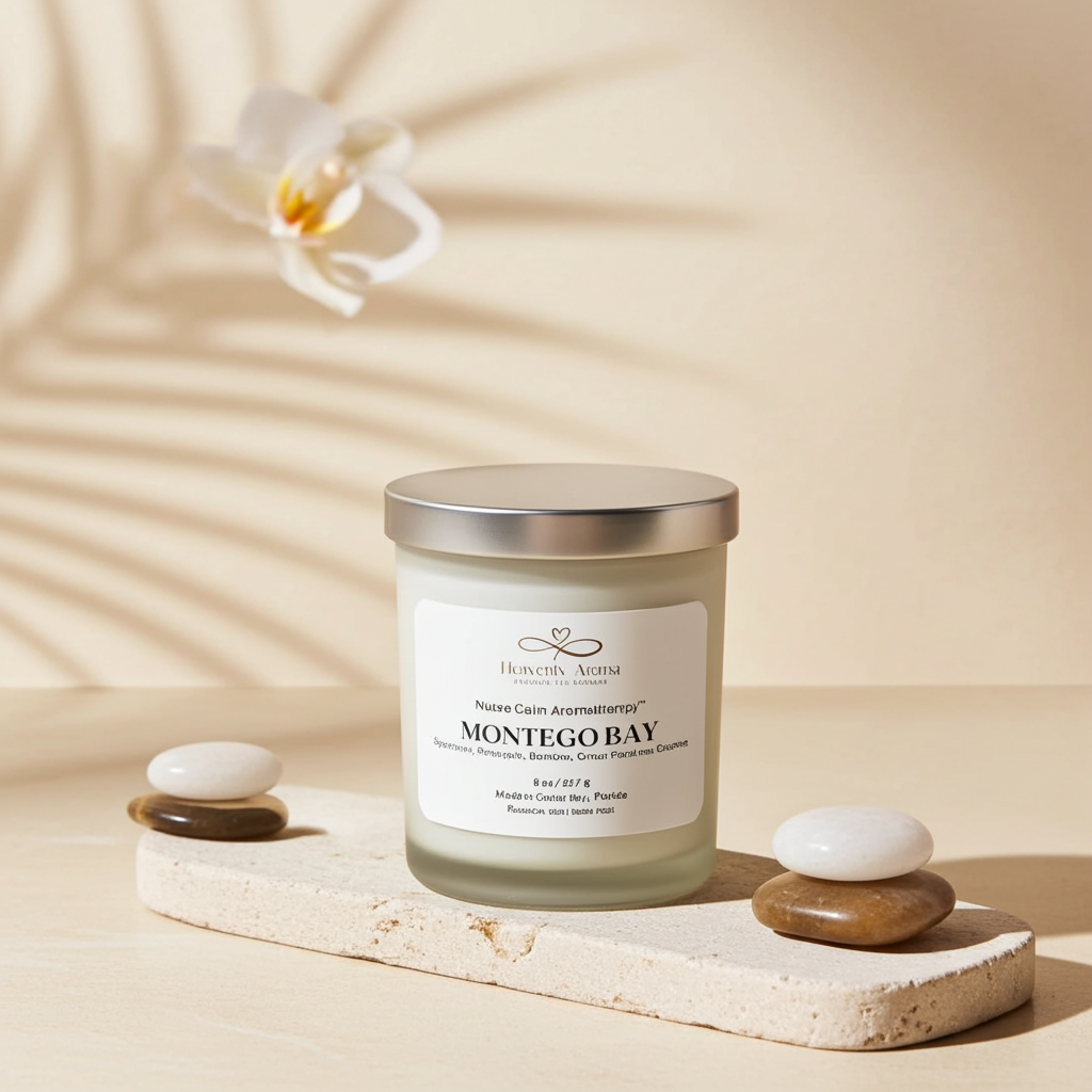Candle labeled 'Montego Bay' with decorative stones and an orchid on a beige background