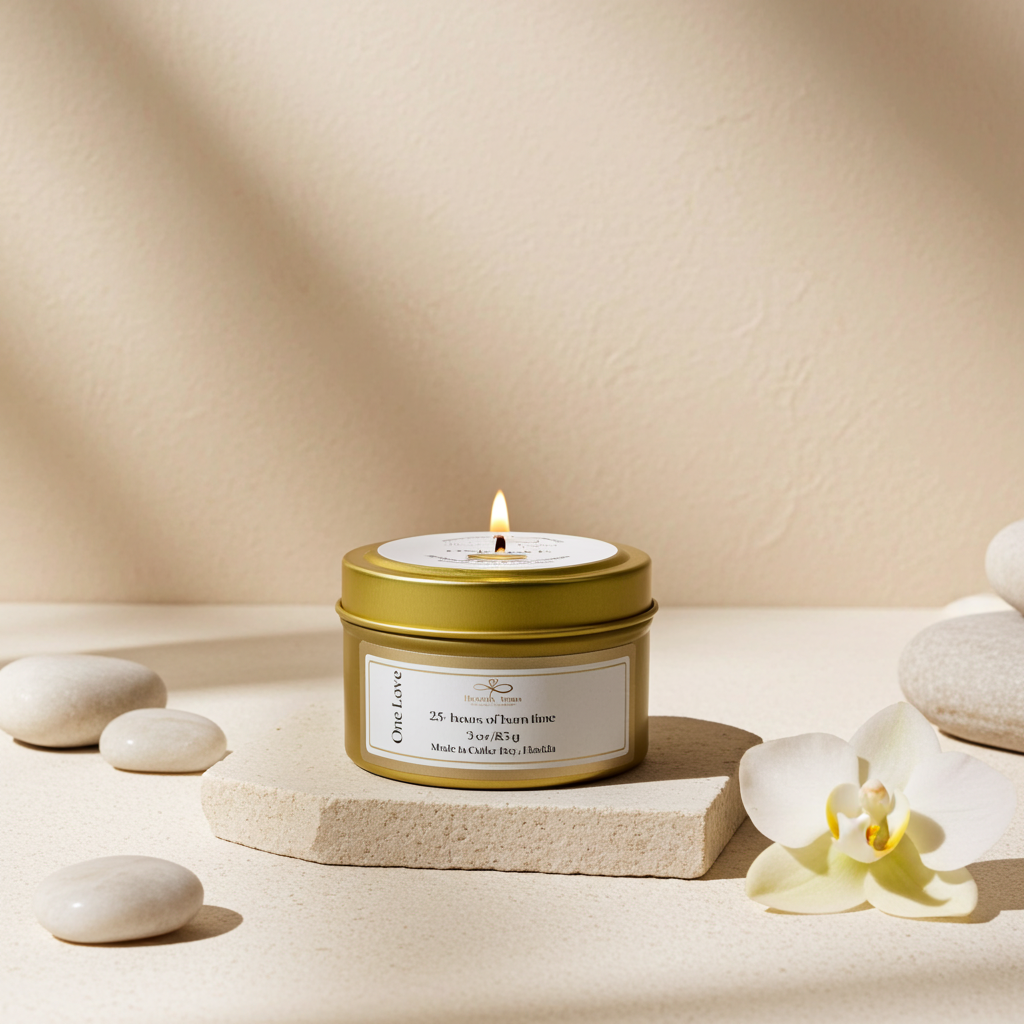 Candle in a gold tin with a label, surrounded by stones and an orchid on a beige background