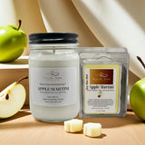 Apple Martini candle and wax melts with apples on a wooden surface