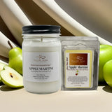 Candle and wax melt packaging with 'Apple Martini' flavor surrounded by green apples and pears.
