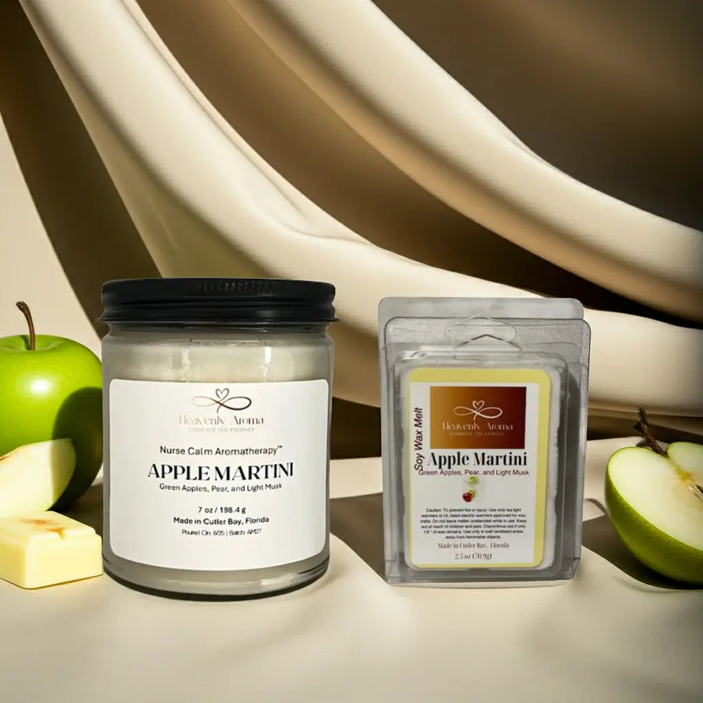 Two 'Apple Martini' scented products, a candle and a wax melt, with apples and a mirror in the background.