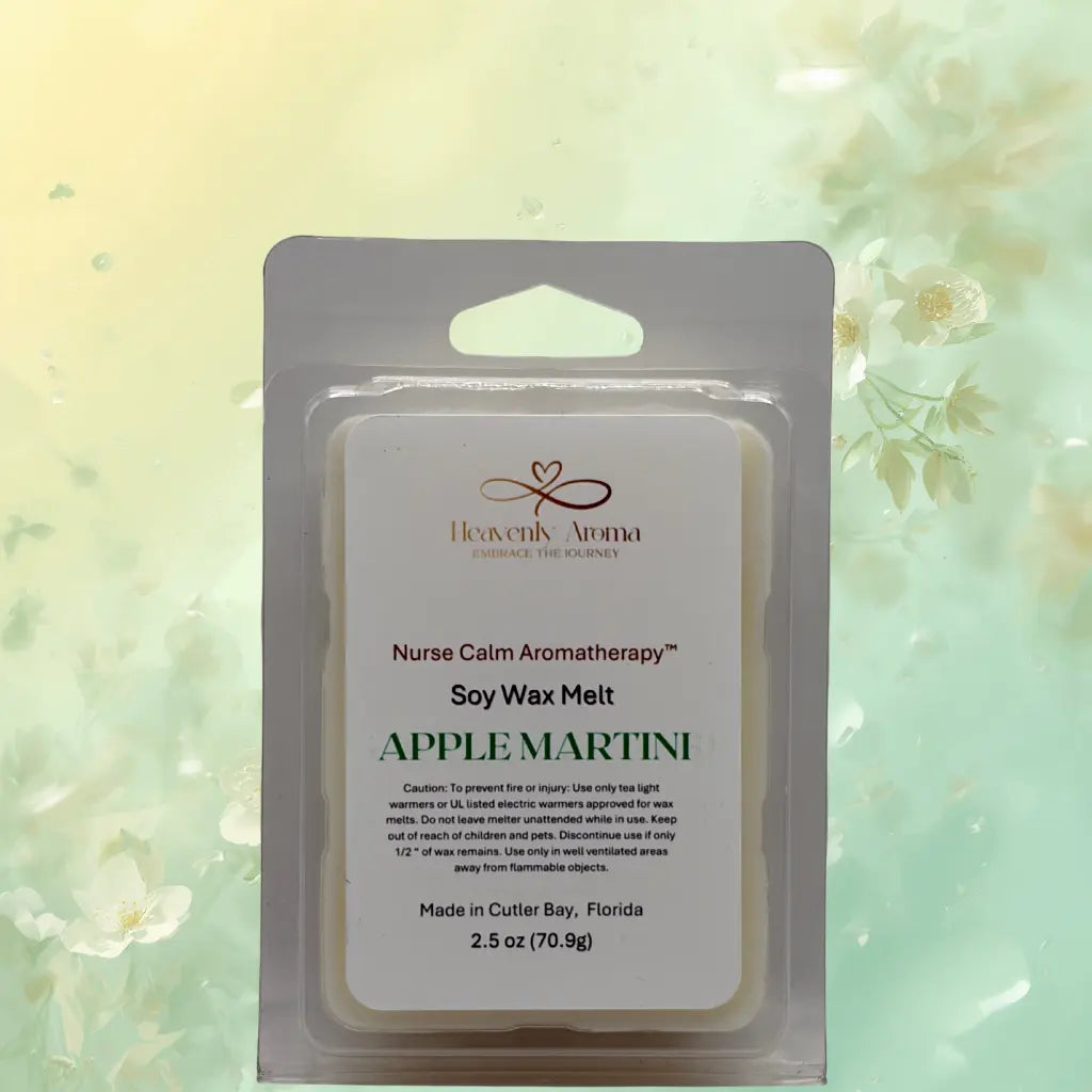 Soy wax melt package labeled 'Apple Martini' by Heavenly Aroma on a floral background