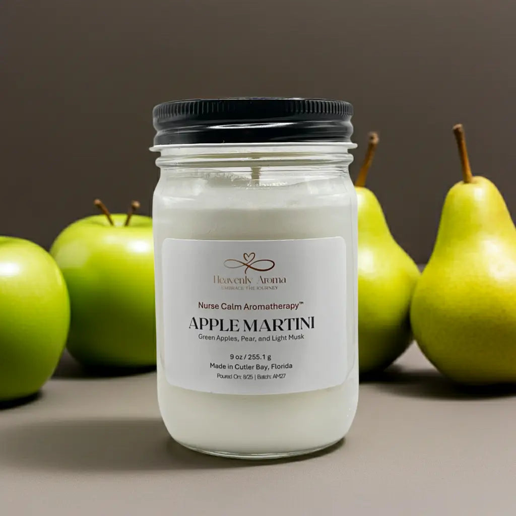 Candle jar labeled 'Apple Martini' with green apples and pears on a neutral background