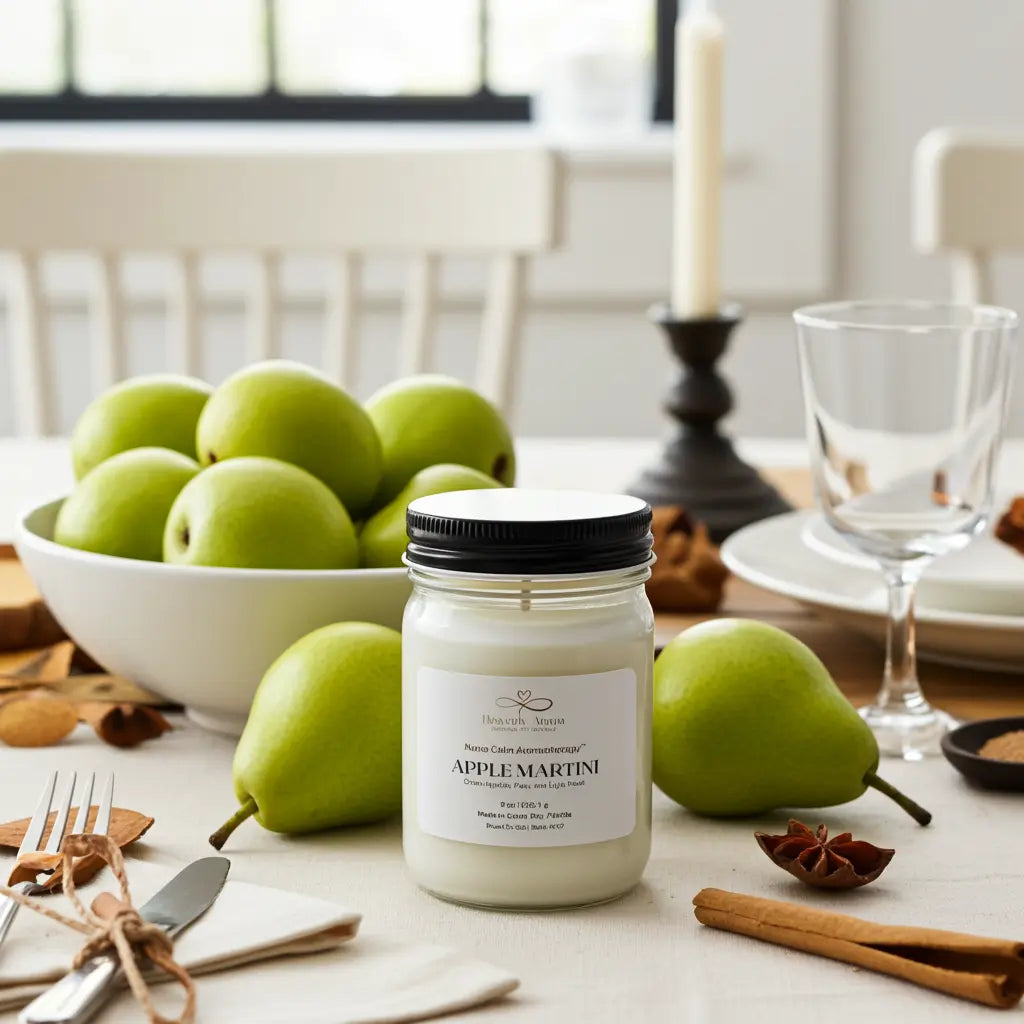 Candle jar labeled 'Apple Martini' on a table with apples, pears, and cinnamon sticks.