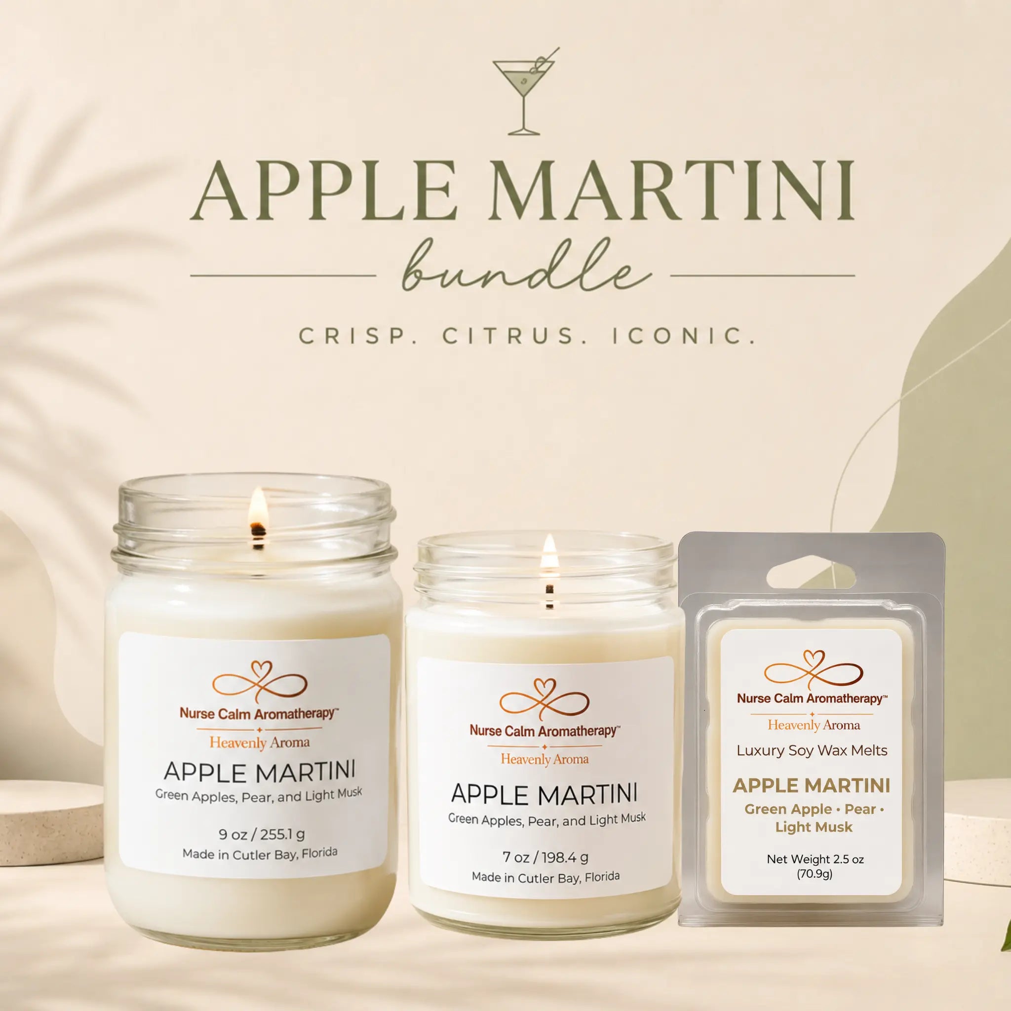 Apple Martini bundle with candles and melts on a neutral background
