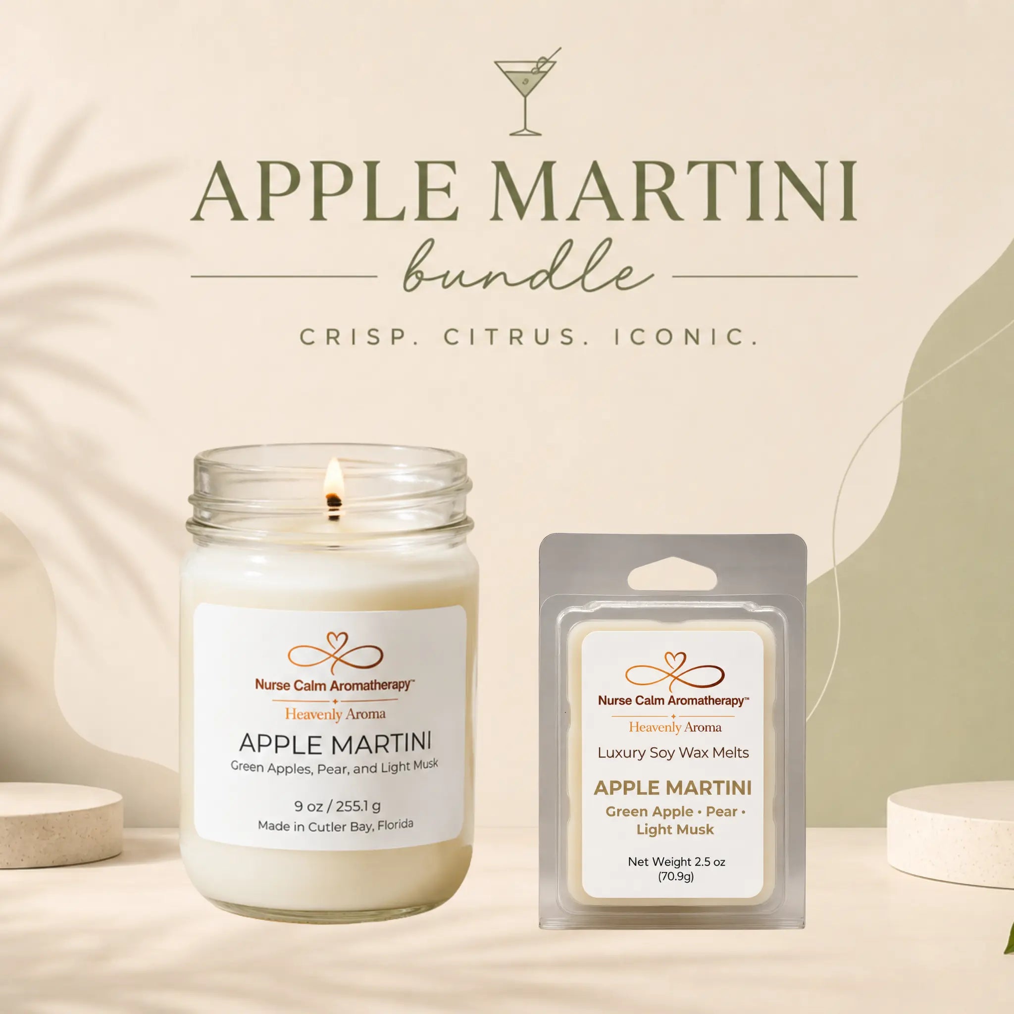 Apple Martini candle and wax melts with branding on a neutral background