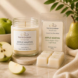 Close-up of the Apple Martini Signature Duo featuring a 9 oz soy candle and luxury soy wax melt with elegant botanical styling and warm natural light.